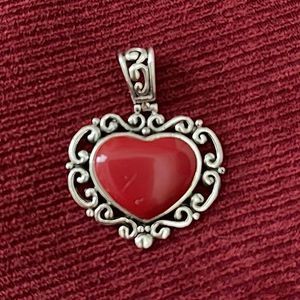 Antique Red Enamel Cabochon Handmade‎ Heart 925 Silver Scrollwork Pendant OOAK